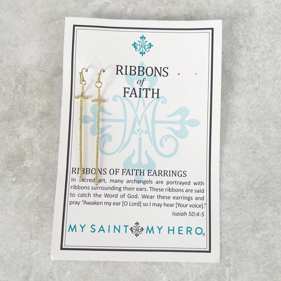 My Saint My Hero Ribbons Of Faith Earrings Cross Christian Jewelry Gift NEW - Picture 1 of 6